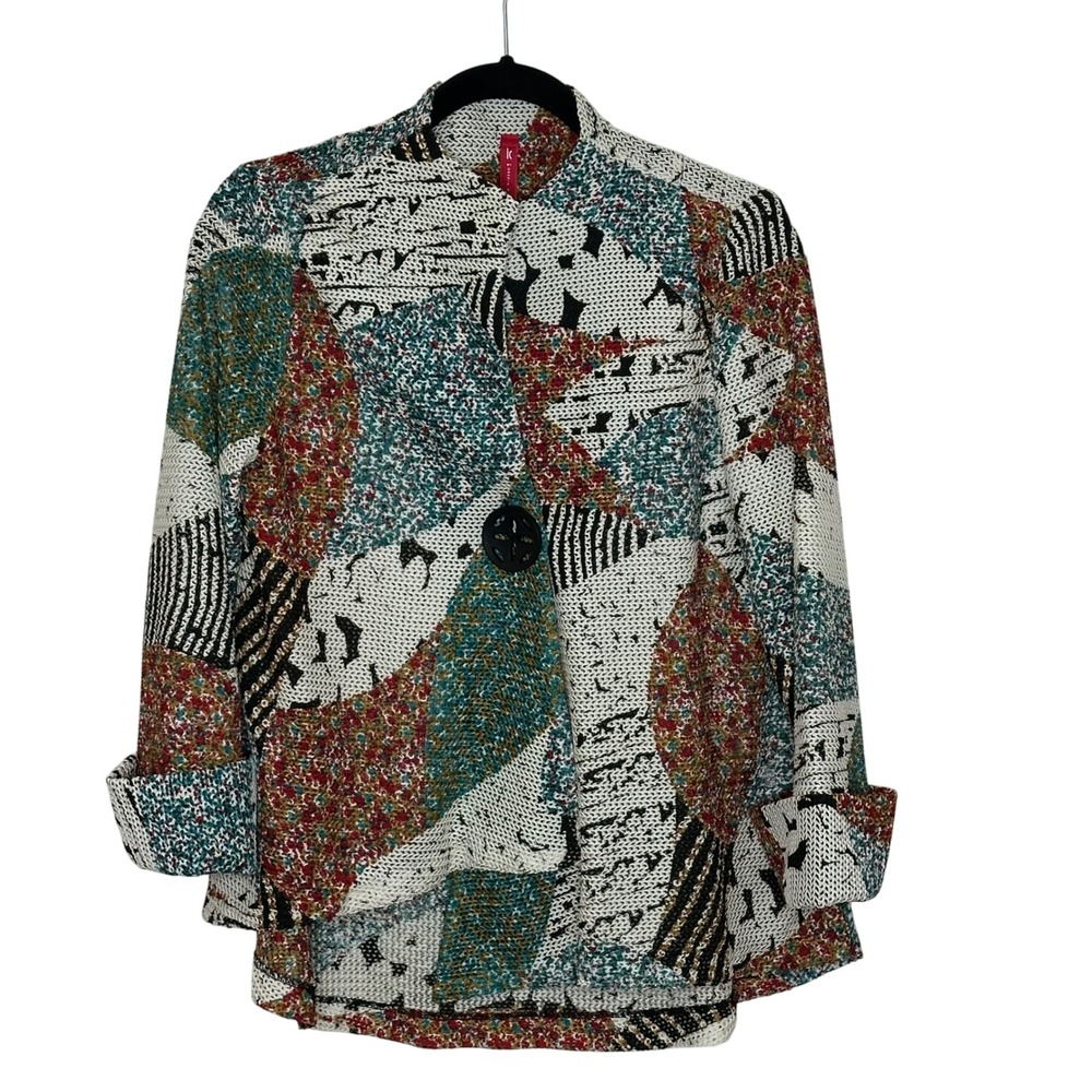 IC‎ by Connie K Knit Topper Jacket Size S Multicolor Abstract Print Artsy Funky